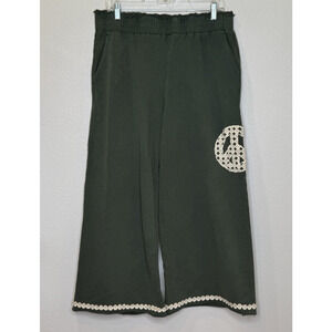 Umgee Wide Leg Cropped Pants Womens Large Green Mineral Wash Peace Sign Pull On